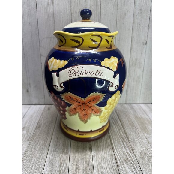 Vtg Cobalt Blue 11" Tall Cookie Jar BISCOTTI Canister Fall Leaves French Country - Picture 2 of 12